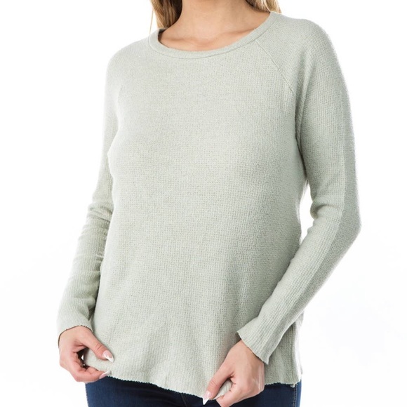 Green long sleeve waffle top - Picture 1 of 3